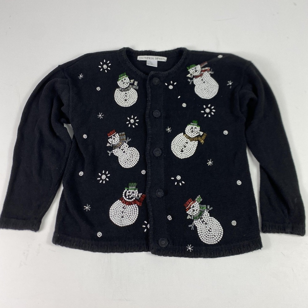 Victoria Jones Cardigan Sweater Womens Medium Black Snowman Ugly Christmas